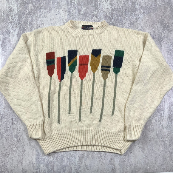 Vintage New River Sweater Mens Large Beige Paddles Knit Ivy Preppy J. Riggins - Picture 1 of 10